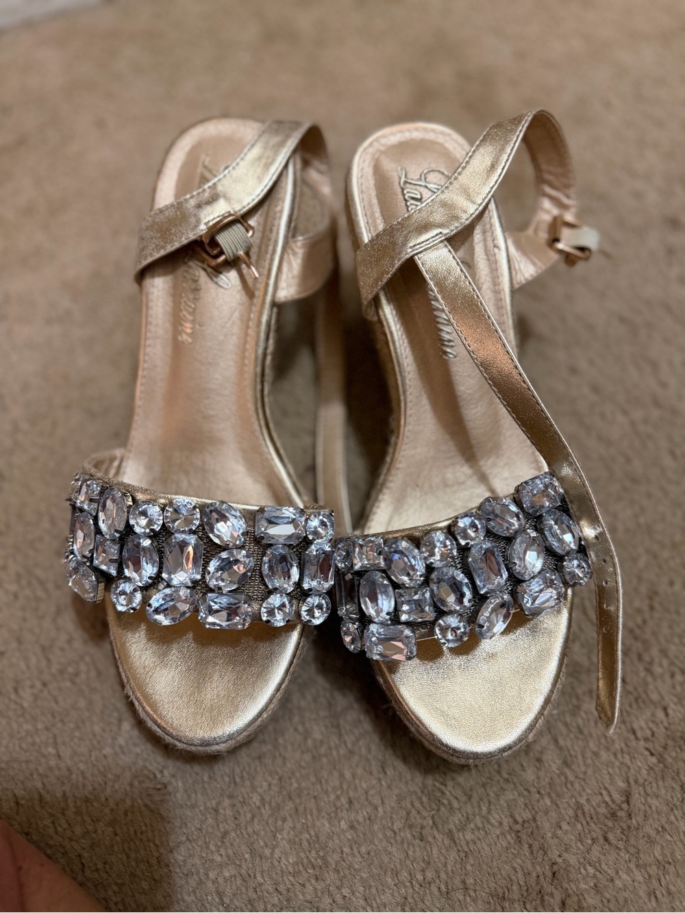 Laurie Lorraine Metallic Gold Gem-Embellished Espadrille Wedge Sandals